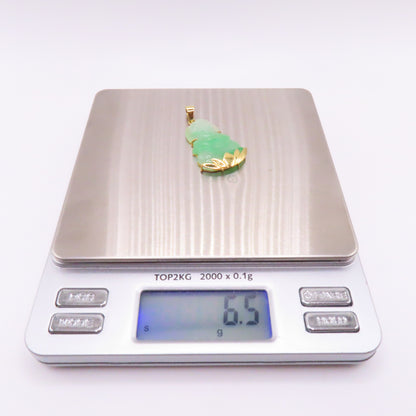 18K Yellow Gold Green Jade Carved Guan Yin Buddah Lotus Pendant 1-1/2" 6.5g