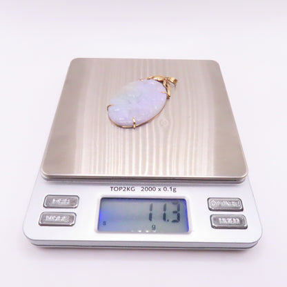 14K Yellow Gold Carved Lavender Green Jade Oval Pendant 2-1/4" 11.3g