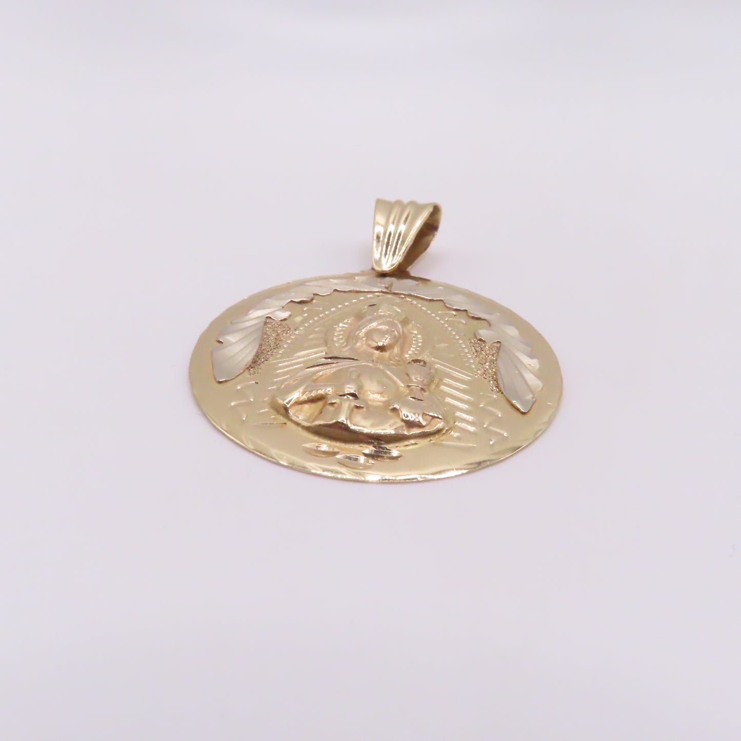14K Two Tone Yellow & White Gold Round Saint Barbara Medallion Pendant 2" 10g