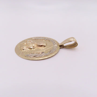 14K Two Tone Yellow & White Gold Round Saint Barbara Medallion Pendant 2" 10g