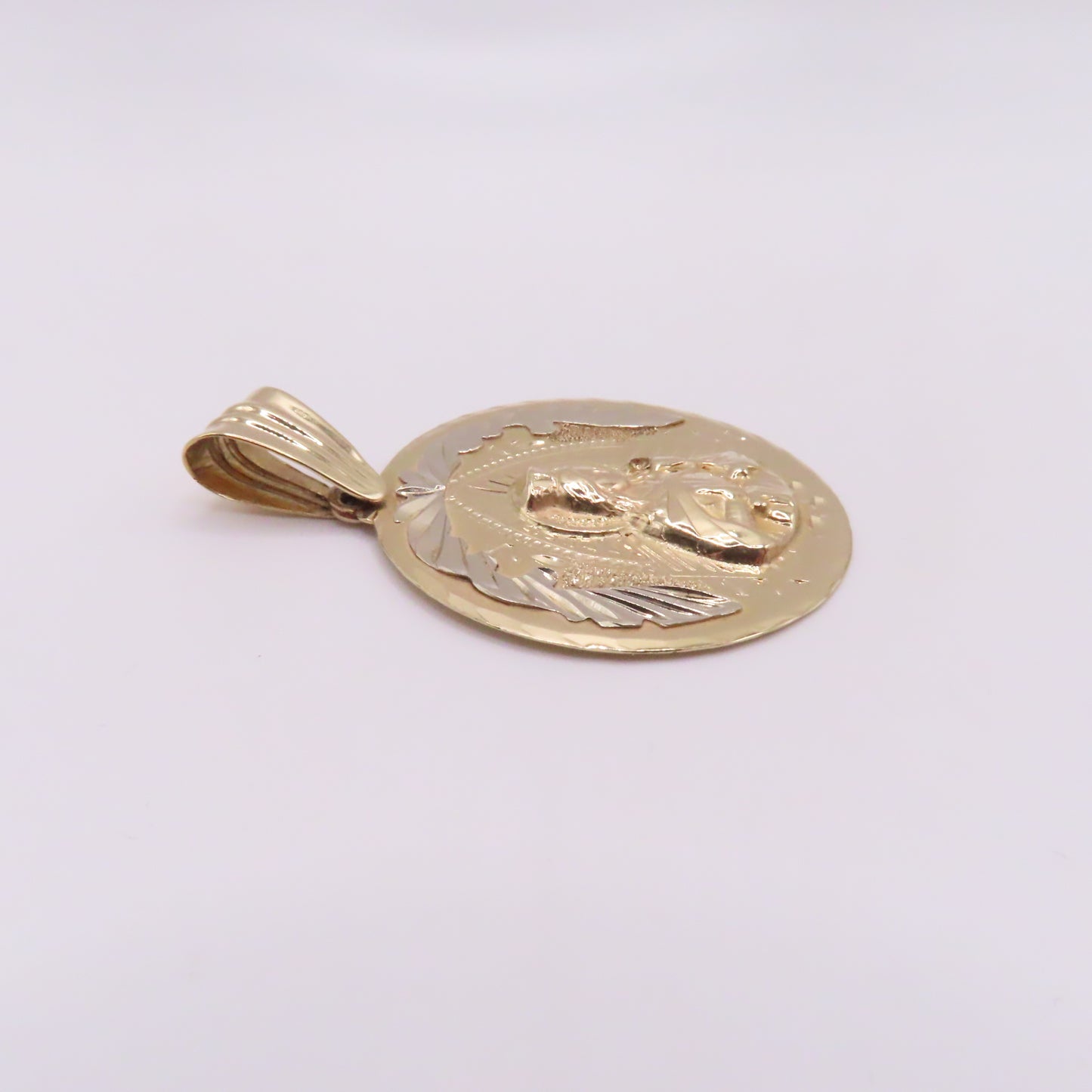 14K Two Tone Yellow & White Gold Round Saint Barbara Medallion Pendant 2" 10g