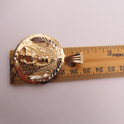 14K Two Tone Yellow & White Gold Round Saint Barbara Medallion Pendant 2" 10g