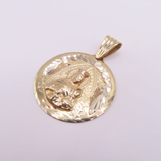 14K Two Tone Yellow & White Gold Round Saint Barbara Medallion Pendant 2" 10g