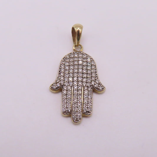 10K Yellow Gold Diamond Pavé Hamsa Hand Pendant 1" 2.7g