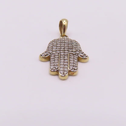 10K Yellow Gold Diamond Pavé Hamsa Hand Pendant 1" 2.7g