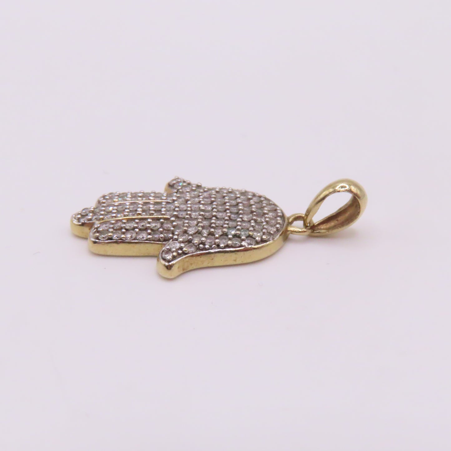 10K Yellow Gold Diamond Pavé Hamsa Hand Pendant 1" 2.7g