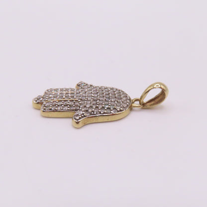10K Yellow Gold Diamond Pavé Hamsa Hand Pendant 1" 2.7g