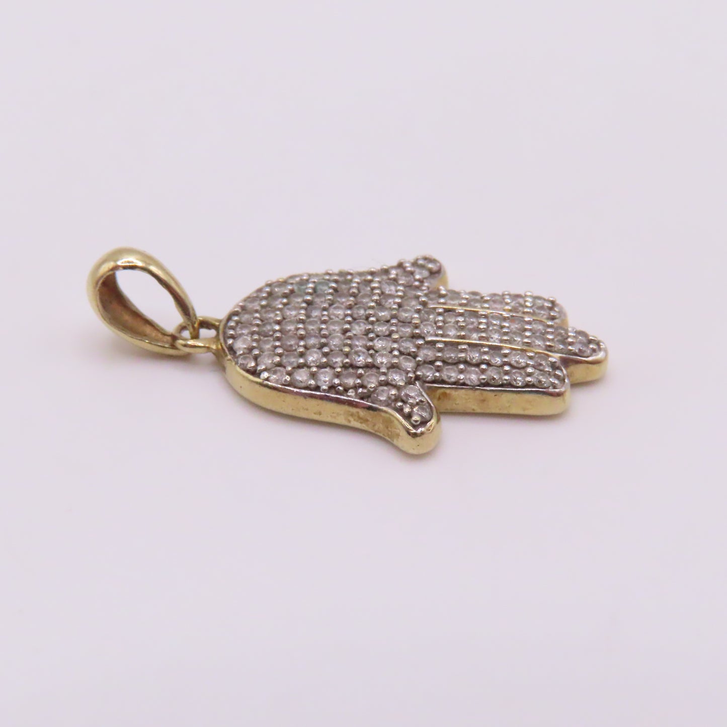 10K Yellow Gold Diamond Pavé Hamsa Hand Pendant 1" 2.7g