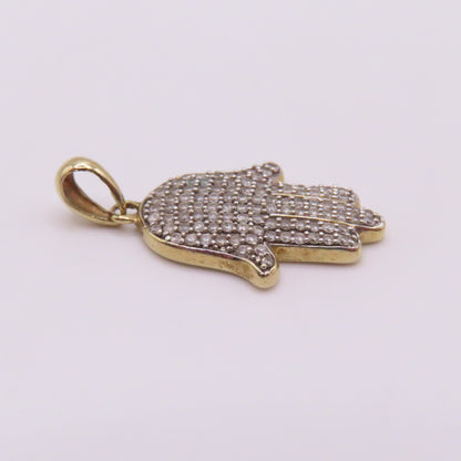 10K Yellow Gold Diamond Pavé Hamsa Hand Pendant 1" 2.7g