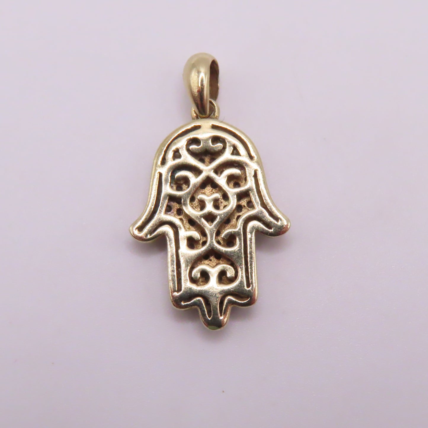 10K Yellow Gold Diamond Pavé Hamsa Hand Pendant 1" 2.7g