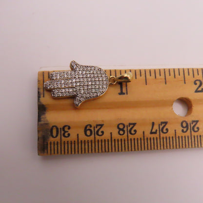 10K Yellow Gold Diamond Pavé Hamsa Hand Pendant 1" 2.7g