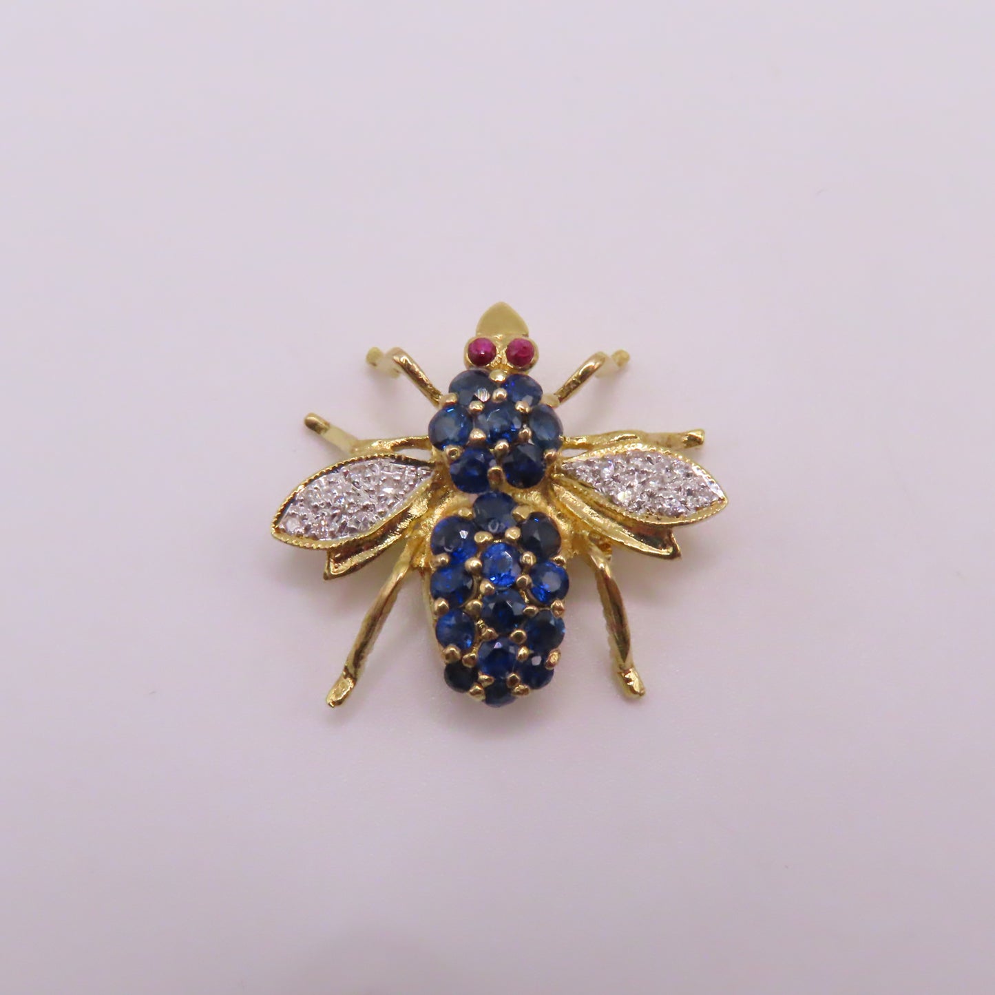 18K Yellow Gold Sapphire Ruby Diamond Bee Insect Pendant Brooch 3/4" 3g