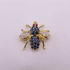 18K Yellow Gold Sapphire Ruby Diamond Bee Insect Pendant Brooch 3/4" 3g