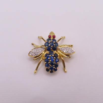 18K Yellow Gold Sapphire Ruby Diamond Bee Insect Pendant Brooch 3/4" 3g