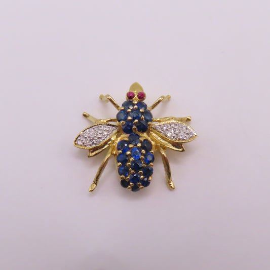 18K Yellow Gold Sapphire Ruby Diamond Bee Insect Pendant Brooch 3/4" 3g