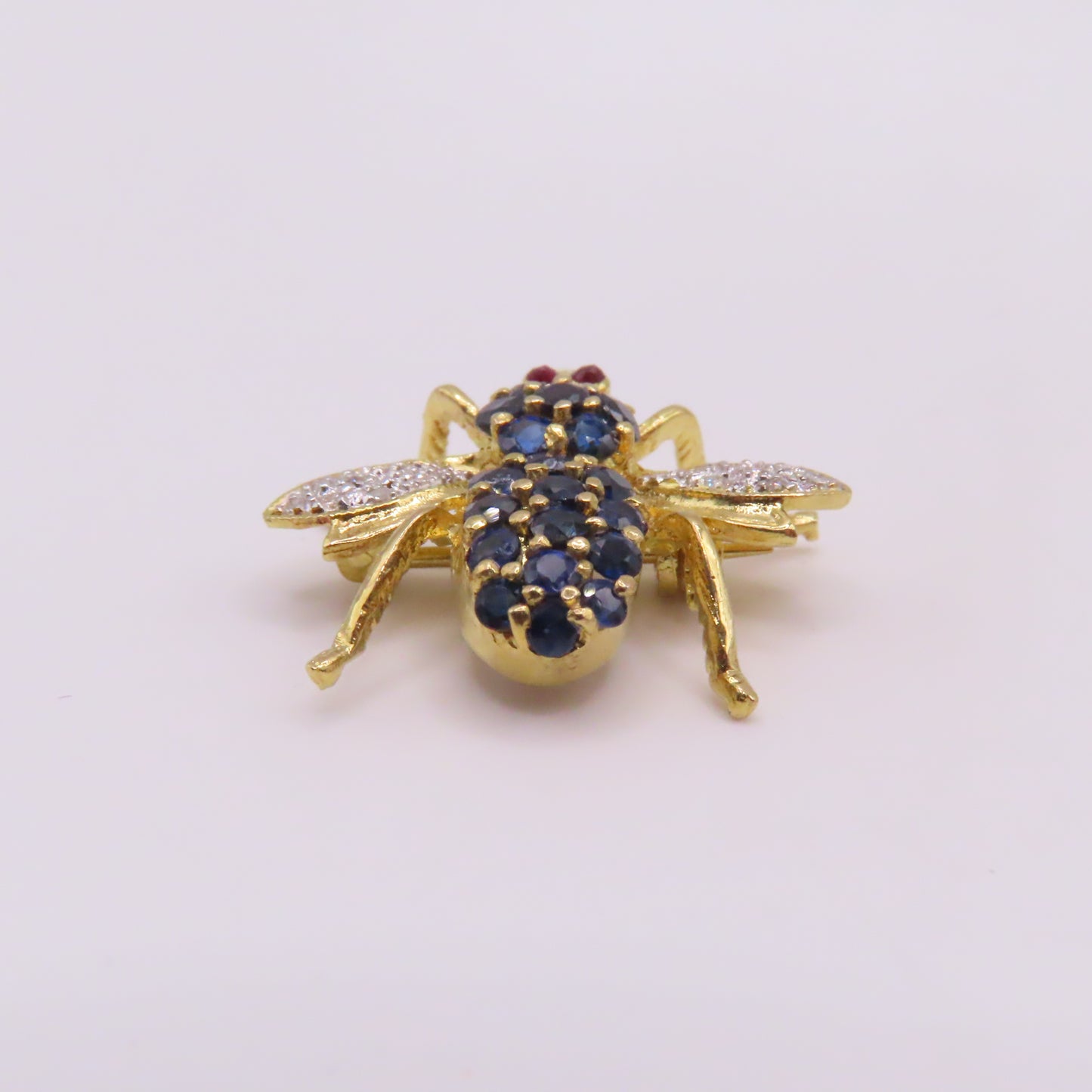 18K Yellow Gold Sapphire Ruby Diamond Bee Insect Pendant Brooch 3/4" 3g