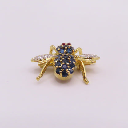 18K Yellow Gold Sapphire Ruby Diamond Bee Insect Pendant Brooch 3/4" 3g