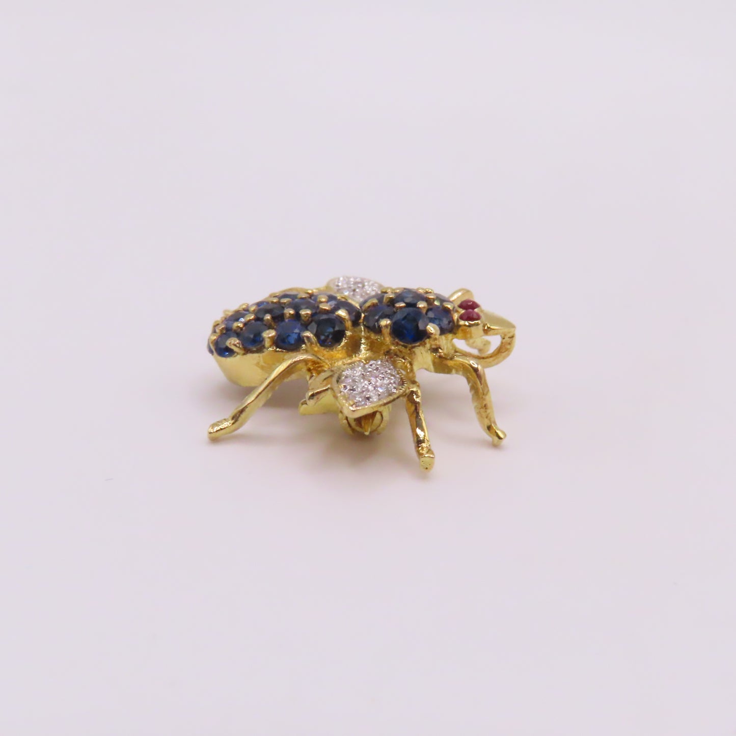 18K Yellow Gold Sapphire Ruby Diamond Bee Insect Pendant Brooch 3/4" 3g