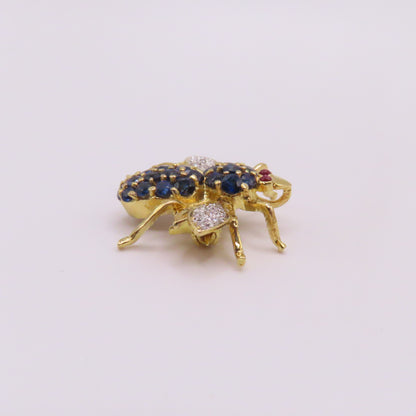 18K Yellow Gold Sapphire Ruby Diamond Bee Insect Pendant Brooch 3/4" 3g