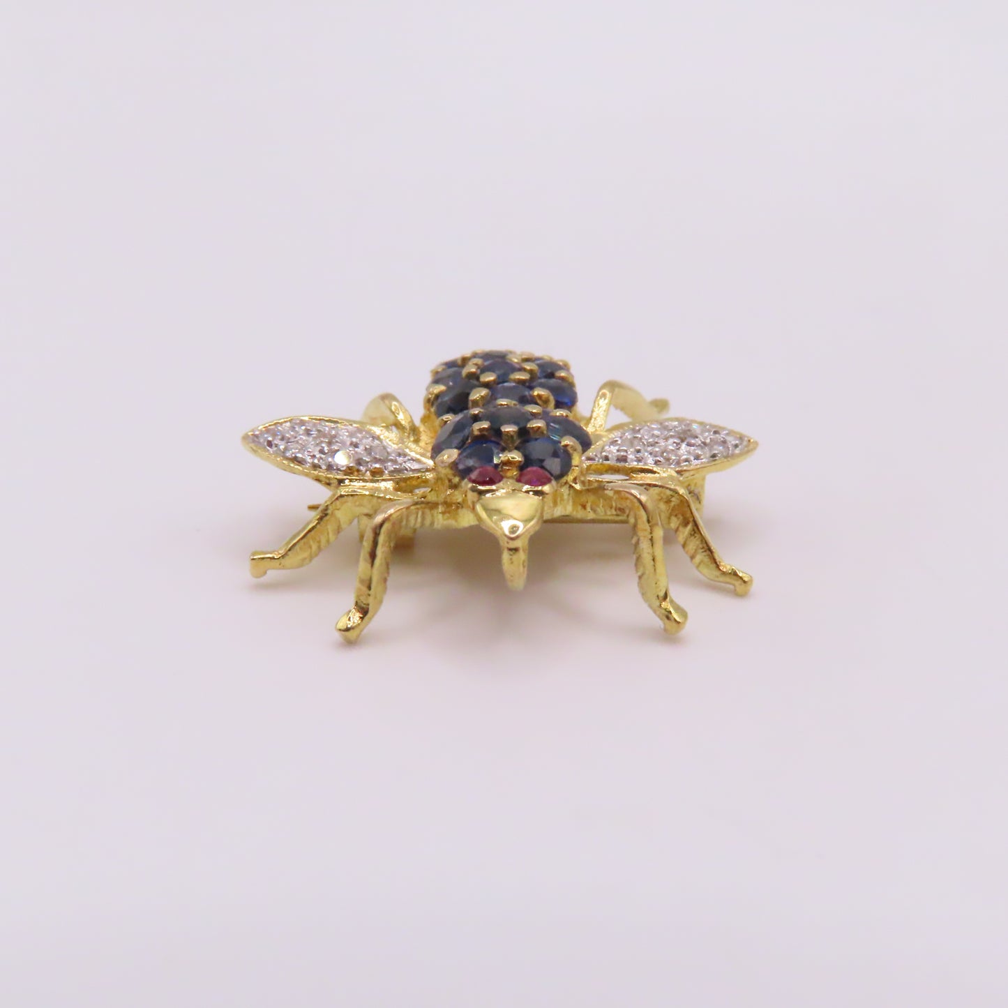 18K Yellow Gold Sapphire Ruby Diamond Bee Insect Pendant Brooch 3/4" 3g
