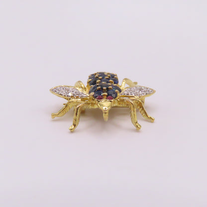 18K Yellow Gold Sapphire Ruby Diamond Bee Insect Pendant Brooch 3/4" 3g