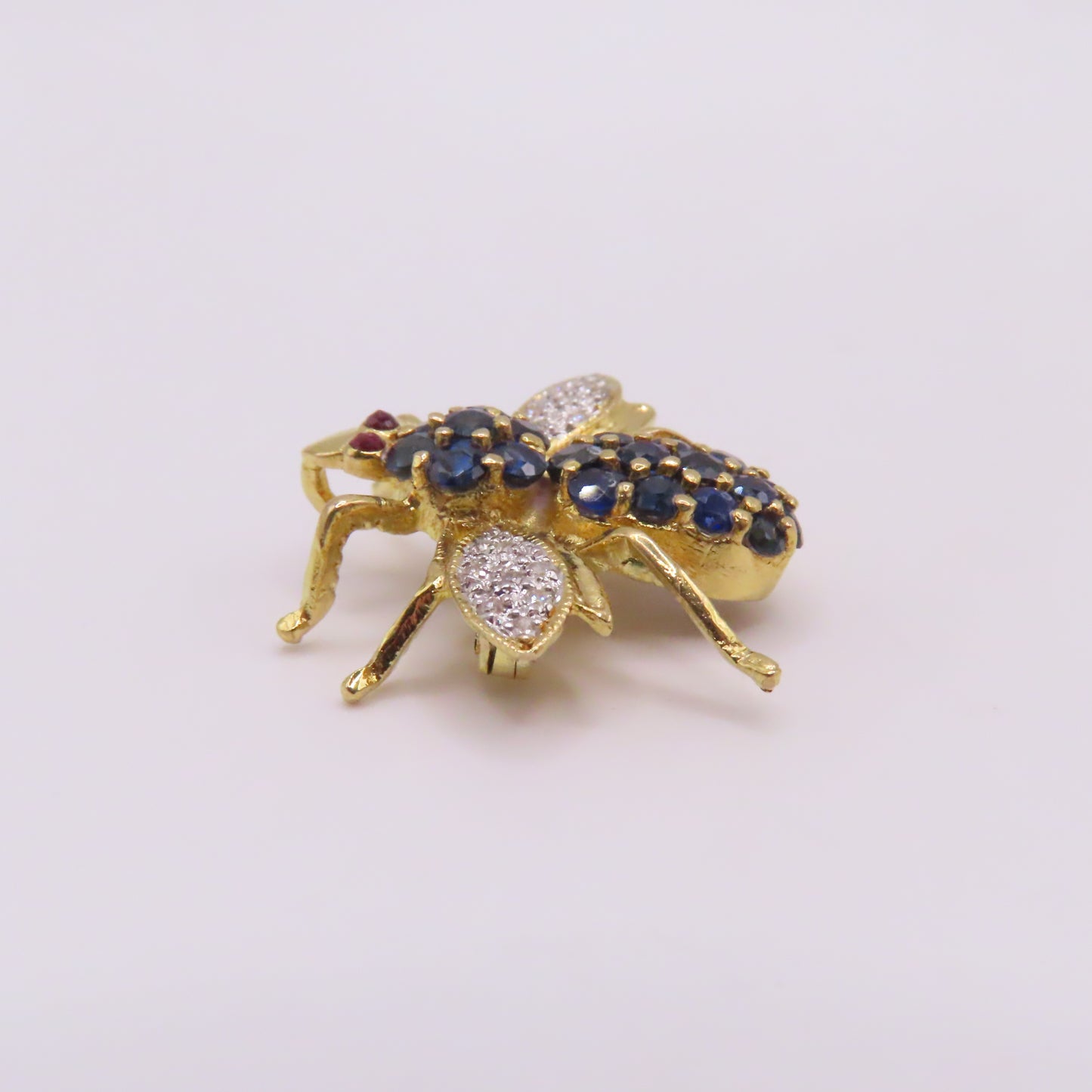 18K Yellow Gold Sapphire Ruby Diamond Bee Insect Pendant Brooch 3/4" 3g