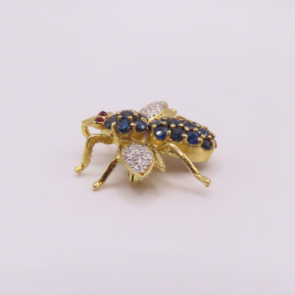 18K Yellow Gold Sapphire Ruby Diamond Bee Insect Pendant Brooch 3/4" 3g