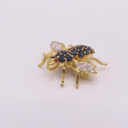 18K Yellow Gold Sapphire Ruby Diamond Bee Insect Pendant Brooch 3/4" 3g