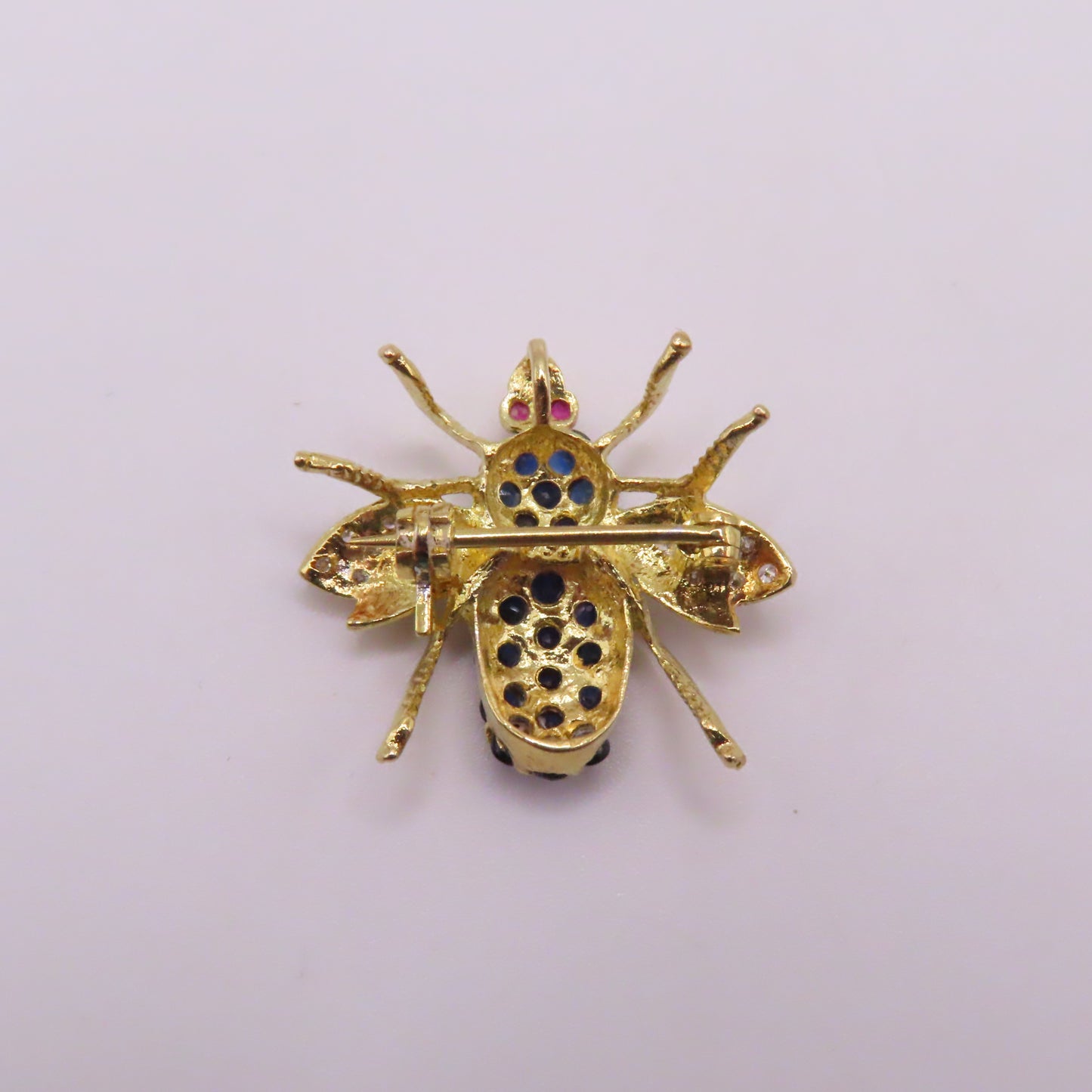 18K Yellow Gold Sapphire Ruby Diamond Bee Insect Pendant Brooch 3/4" 3g