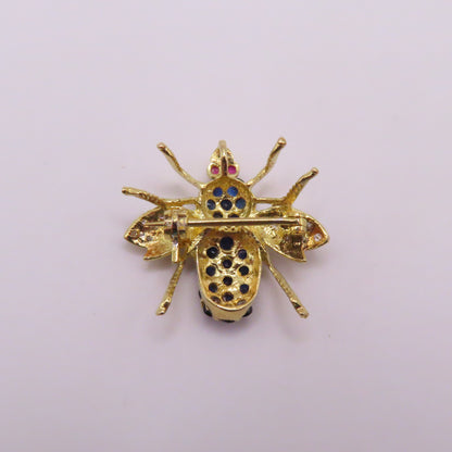 18K Yellow Gold Sapphire Ruby Diamond Bee Insect Pendant Brooch 3/4" 3g