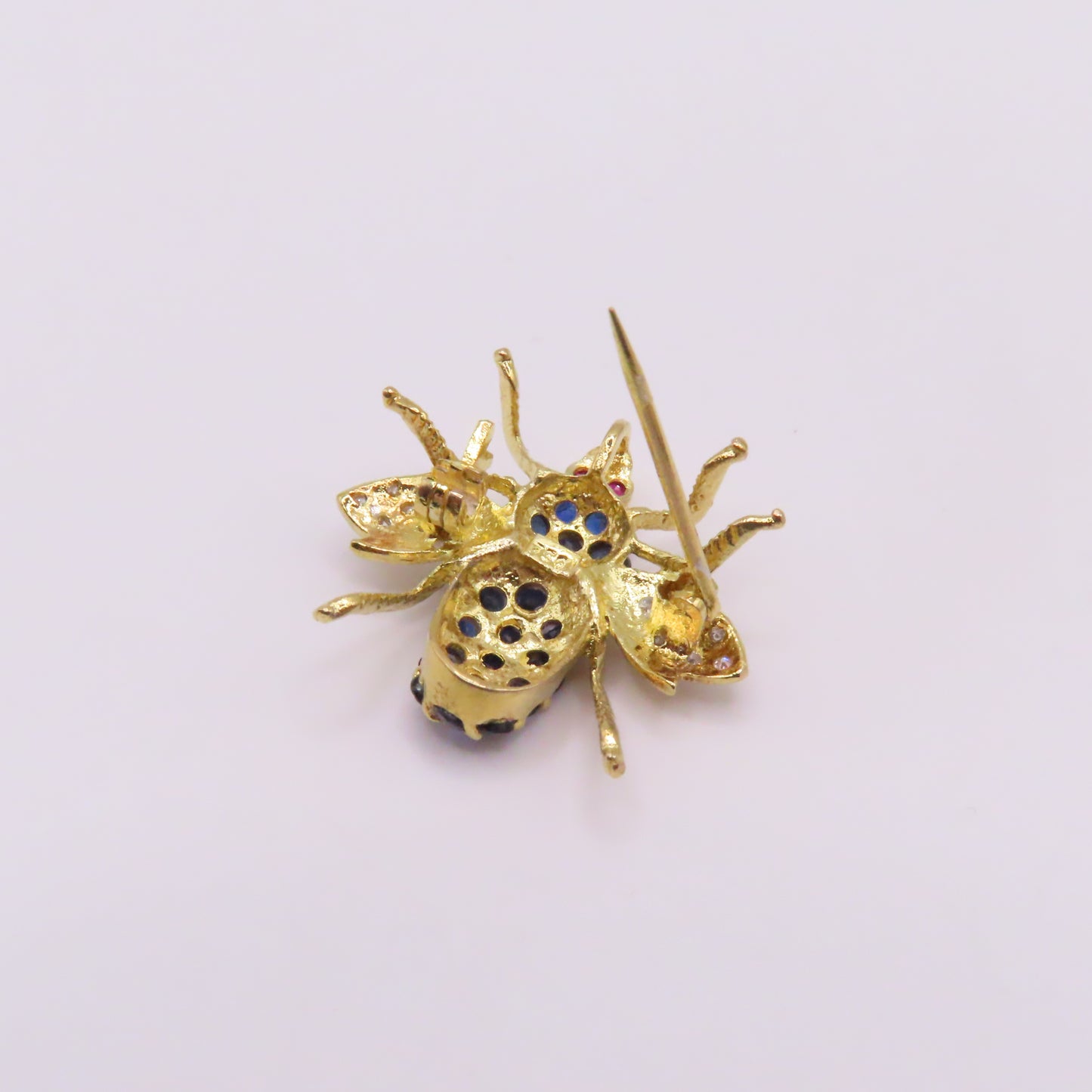 18K Yellow Gold Sapphire Ruby Diamond Bee Insect Pendant Brooch 3/4" 3g