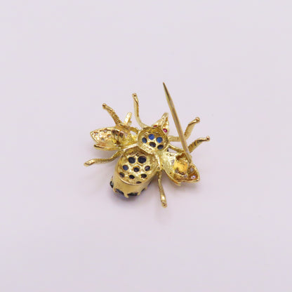 18K Yellow Gold Sapphire Ruby Diamond Bee Insect Pendant Brooch 3/4" 3g