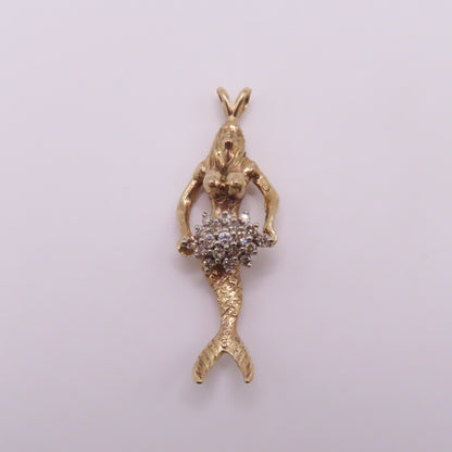 14K Yellow Gold Mermaid Diamond Cluster Pendant 2" 11.3g