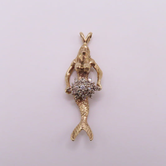 14K Yellow Gold Mermaid Diamond Cluster Pendant 2" 11.3g