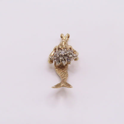14K Yellow Gold Mermaid Diamond Cluster Pendant 2" 11.3g