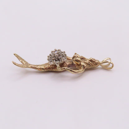 14K Yellow Gold Mermaid Diamond Cluster Pendant 2" 11.3g