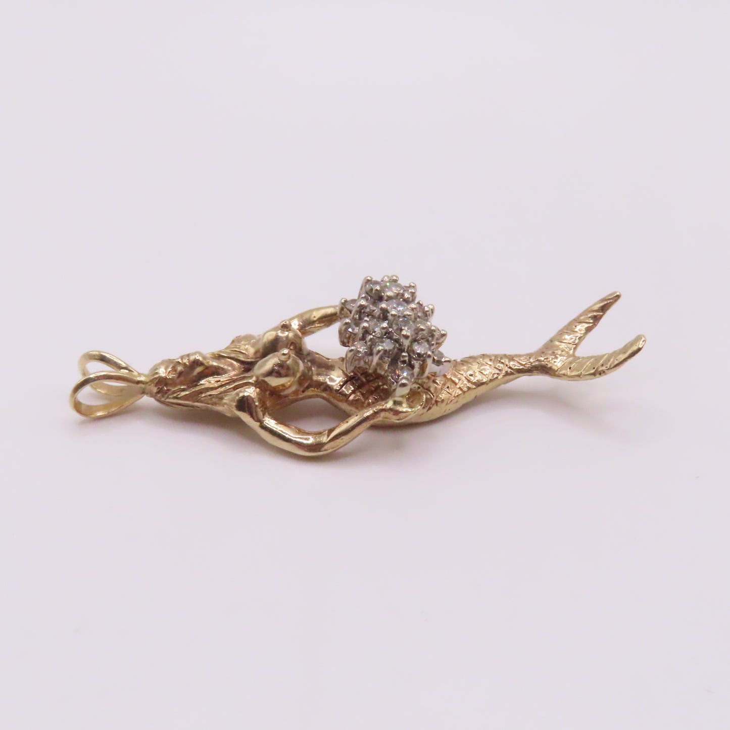 14K Yellow Gold Mermaid Diamond Cluster Pendant 2" 11.3g