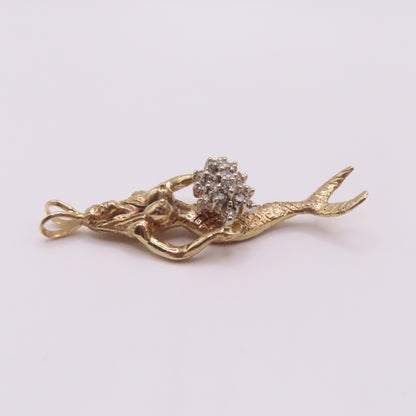 14K Yellow Gold Mermaid Diamond Cluster Pendant 2" 11.3g