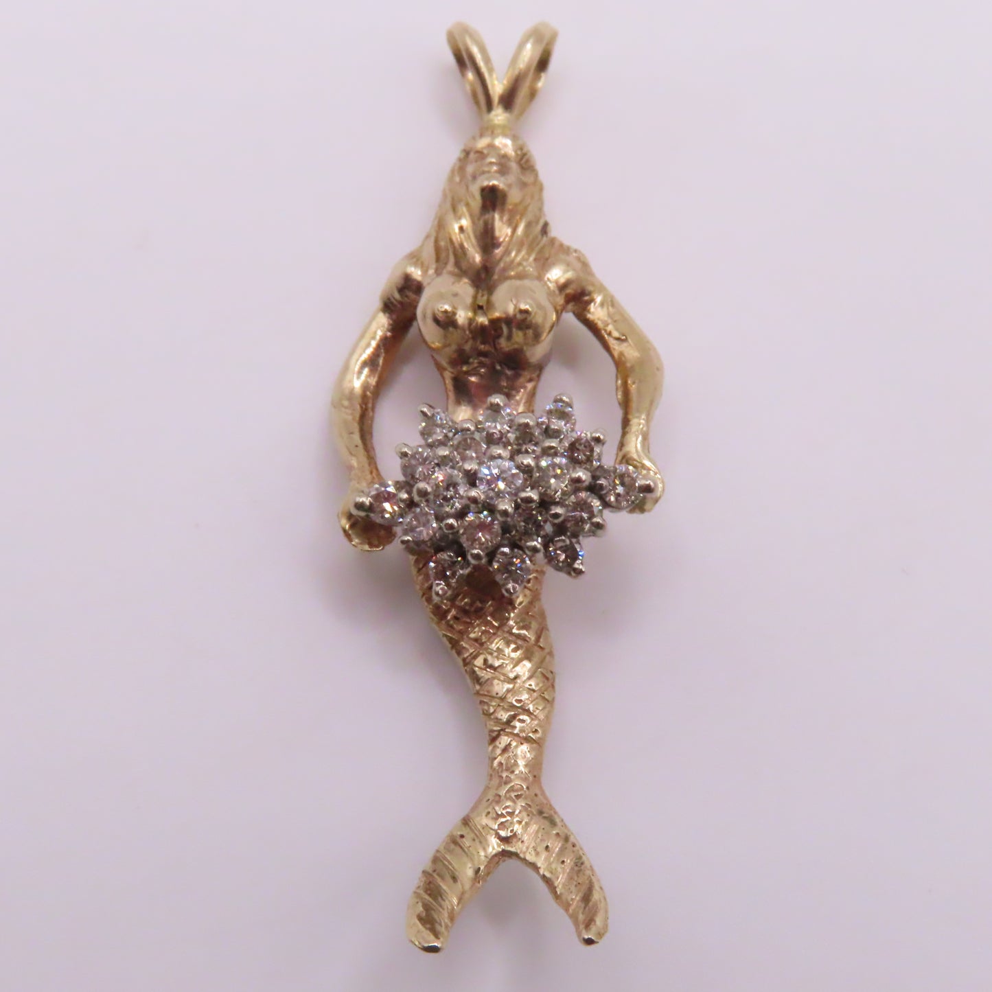 14K Yellow Gold Mermaid Diamond Cluster Pendant 2" 11.3g