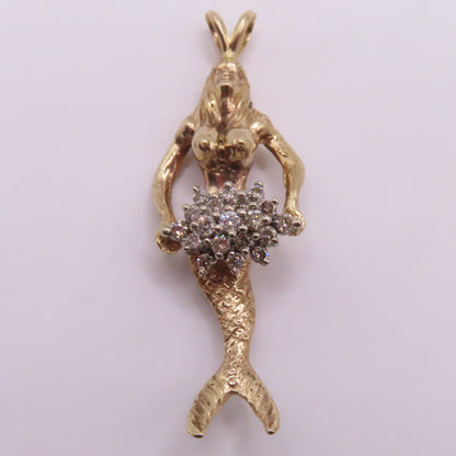 14K Yellow Gold Mermaid Diamond Cluster Pendant 2" 11.3g