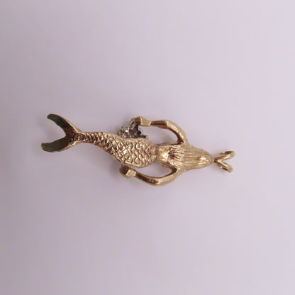 14K Yellow Gold Mermaid Diamond Cluster Pendant 2" 11.3g