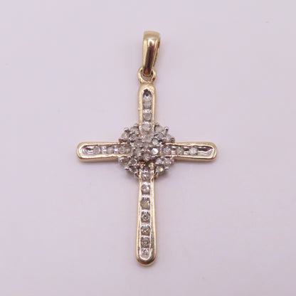 10K Yellow White Gold Diamond Cross Pendant 1-3/8" 2.6g