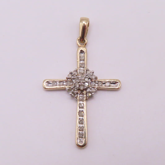 10K Yellow White Gold Diamond Cross Pendant 1-3/8" 2.6g