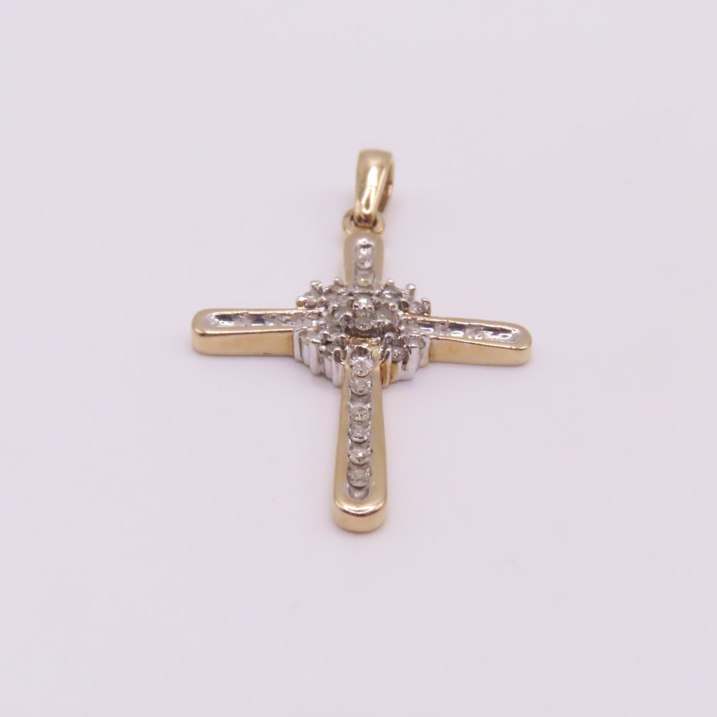 10K Yellow White Gold Diamond Cross Pendant 1-3/8" 2.6g