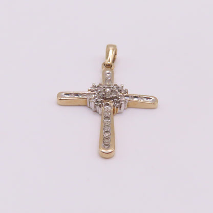 10K Yellow White Gold Diamond Cross Pendant 1-3/8" 2.6g