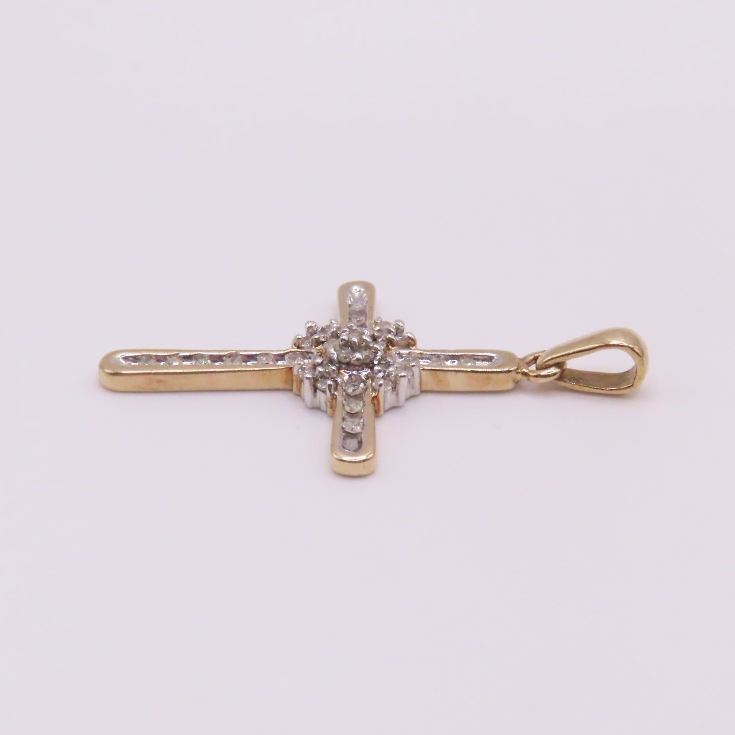 10K Yellow White Gold Diamond Cross Pendant 1-3/8" 2.6g