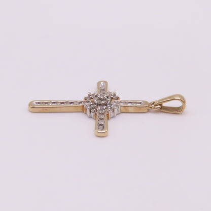 10K Yellow White Gold Diamond Cross Pendant 1-3/8" 2.6g