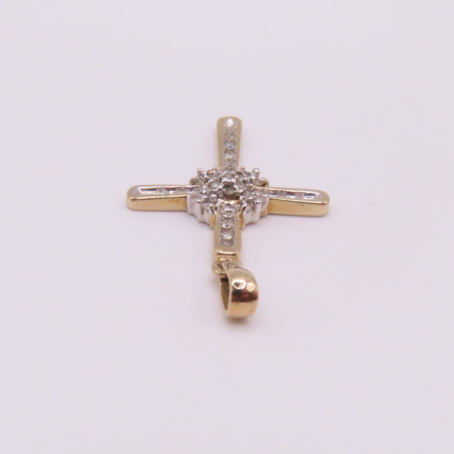 10K Yellow White Gold Diamond Cross Pendant 1-3/8" 2.6g