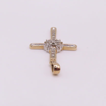 10K Yellow White Gold Diamond Cross Pendant 1-3/8" 2.6g
