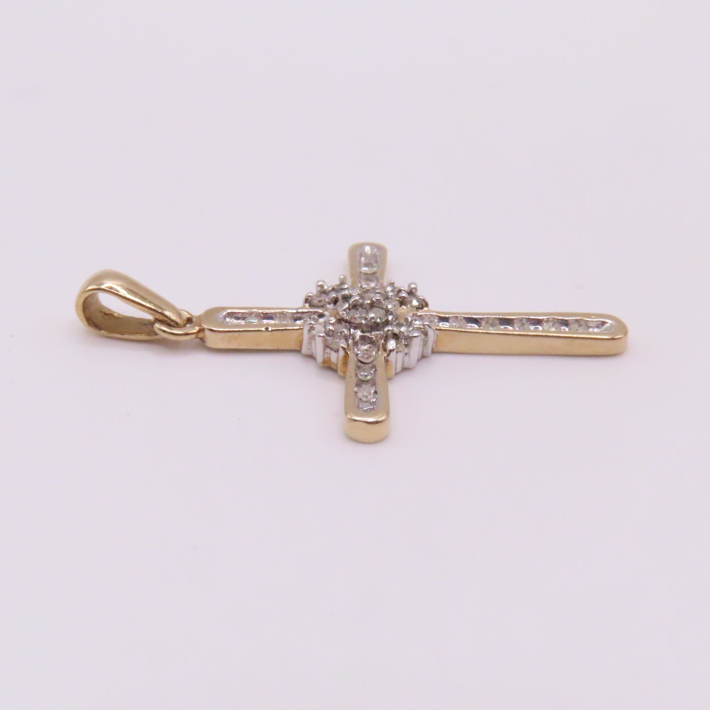 10K Yellow White Gold Diamond Cross Pendant 1-3/8" 2.6g
